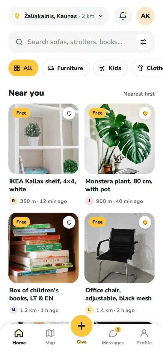 Fribis home screen showing free items available nearby